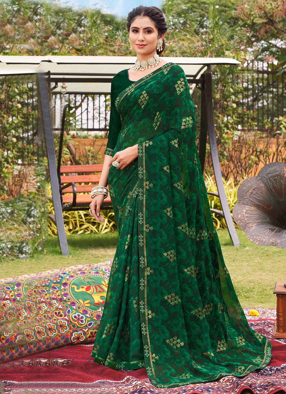 Classic Saree Printed Green Georgette Saree S12452