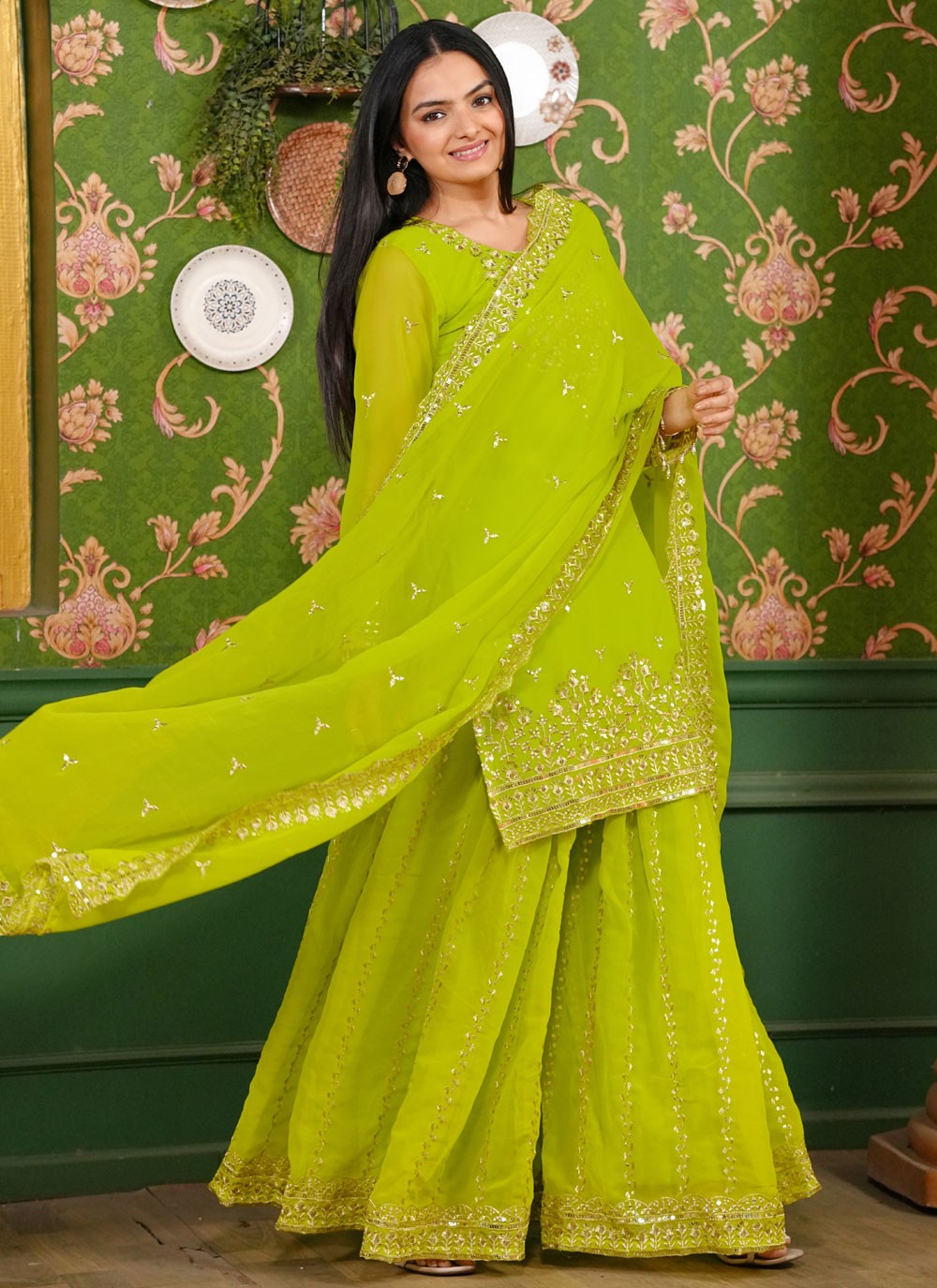 Embroidered Georgette Green Salwar Suit T6154