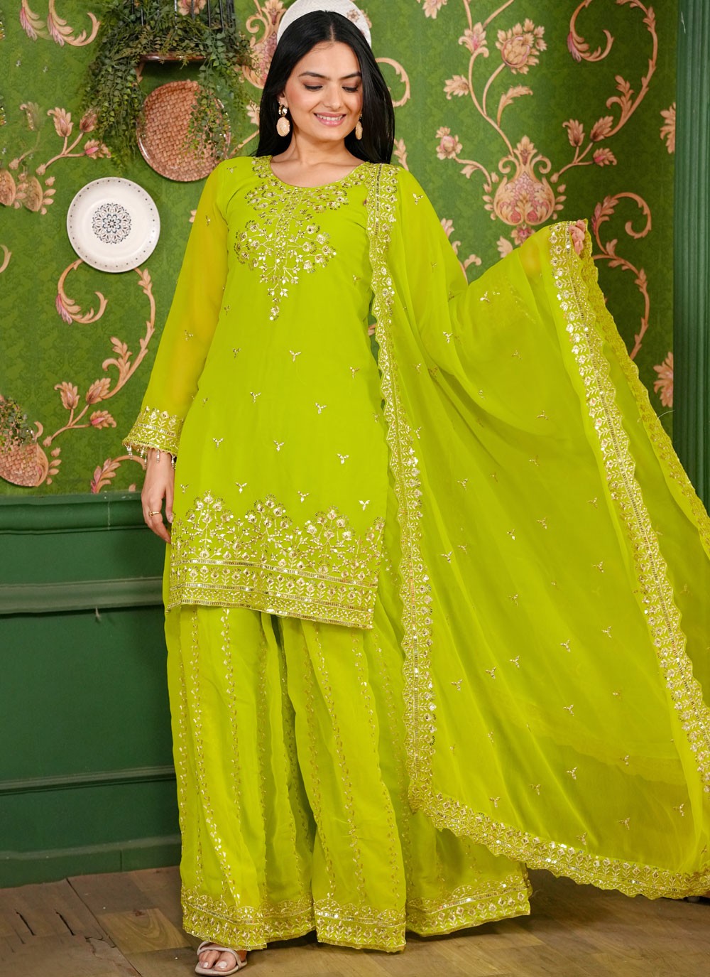 Embroidered Georgette Green Salwar Suit T6154
