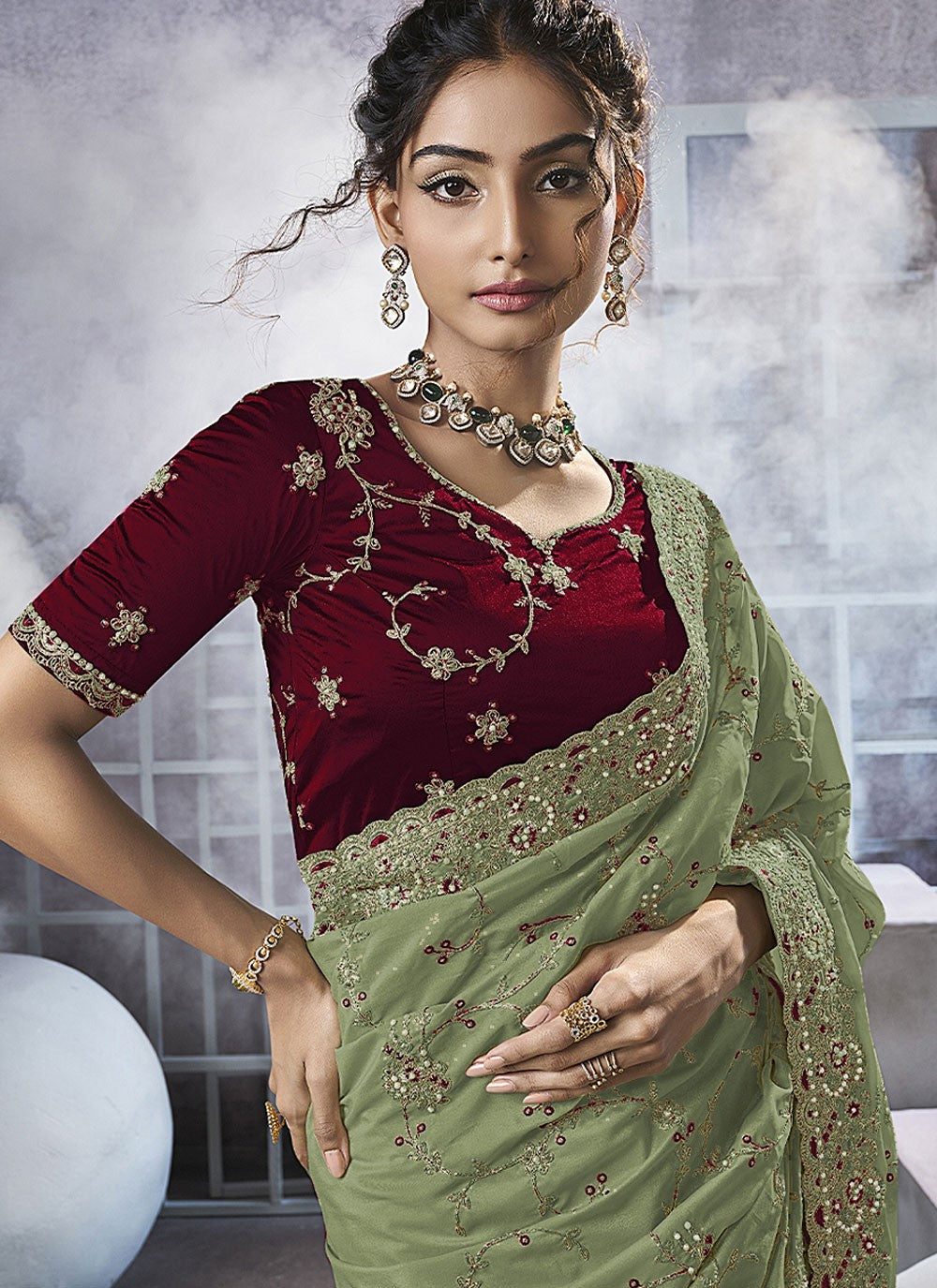 Green Georgette Trendy Saree Beads, Cord, Embroidered, Thread, Zari S15786