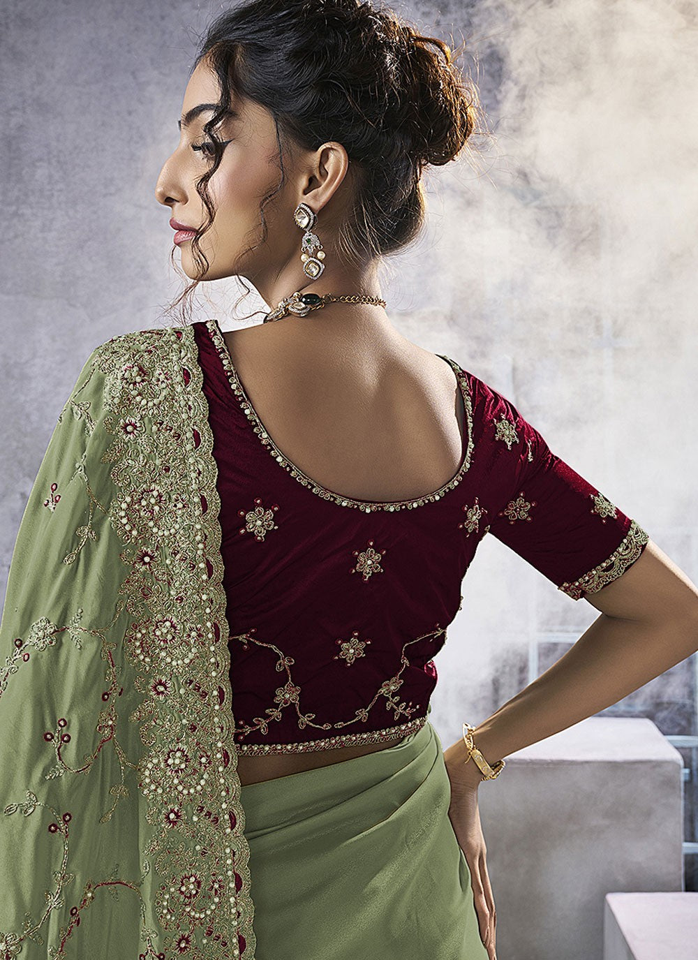 Green Georgette Trendy Saree Beads, Cord, Embroidered, Thread, Zari S15786