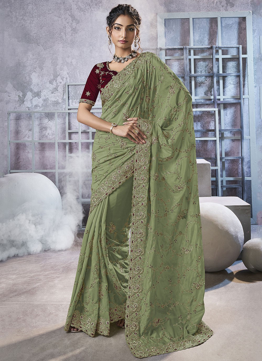 Green Georgette Trendy Saree Beads, Cord, Embroidered, Thread, Zari S15786