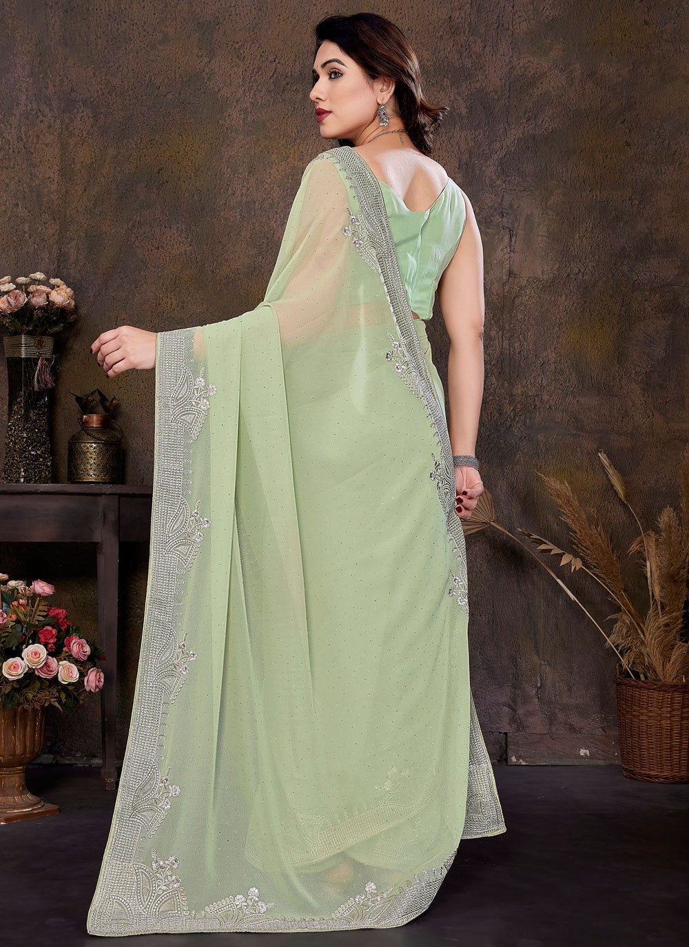 Embroidered Georgette Green Contemporary Saree S15018