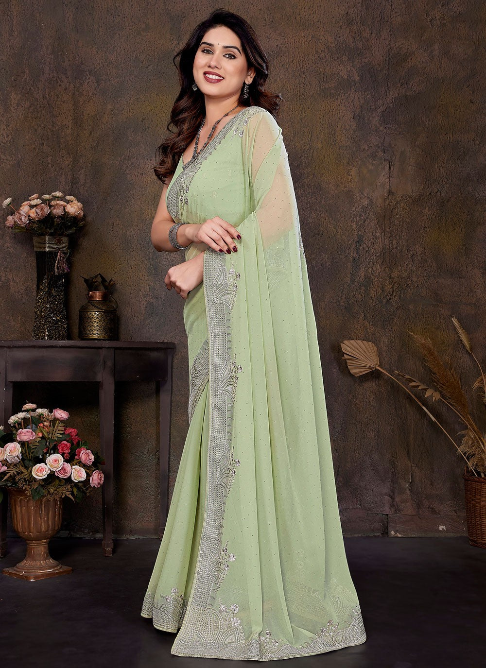 Embroidered Georgette Green Contemporary Saree S15018