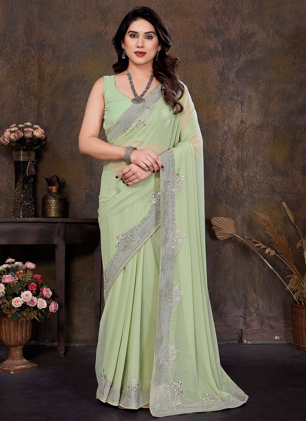 Embroidered Georgette Green Contemporary Saree S15018