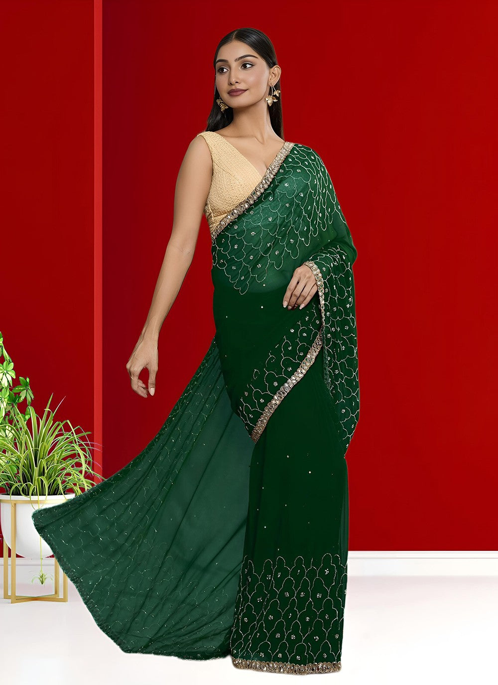 Hand Embroidery Georgette Green Saree S14267