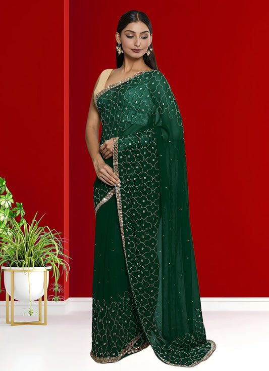 Hand Embroidery Georgette Green Saree S14267