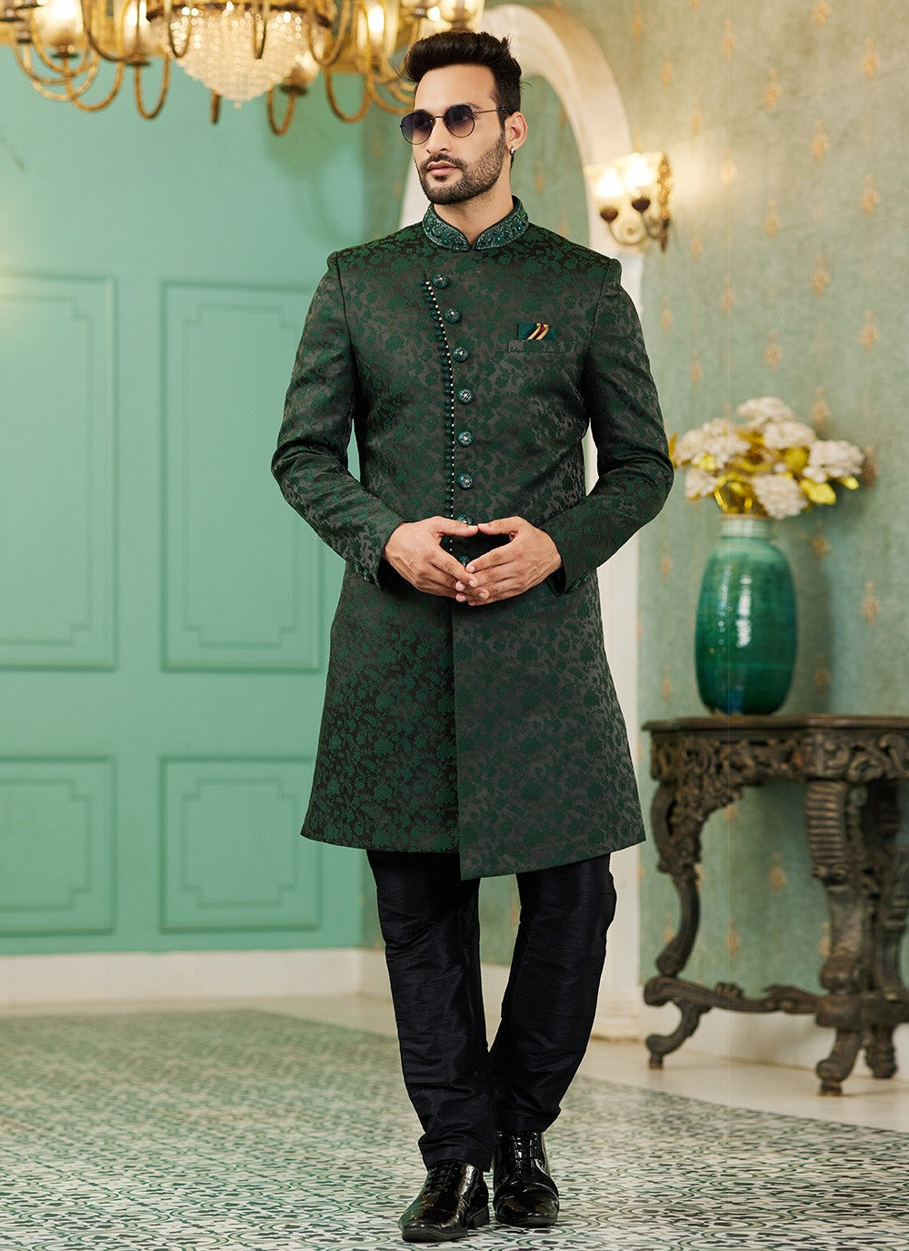 Hand Embroidery Imported, Jacquard Silk Green Indo Western - M6443