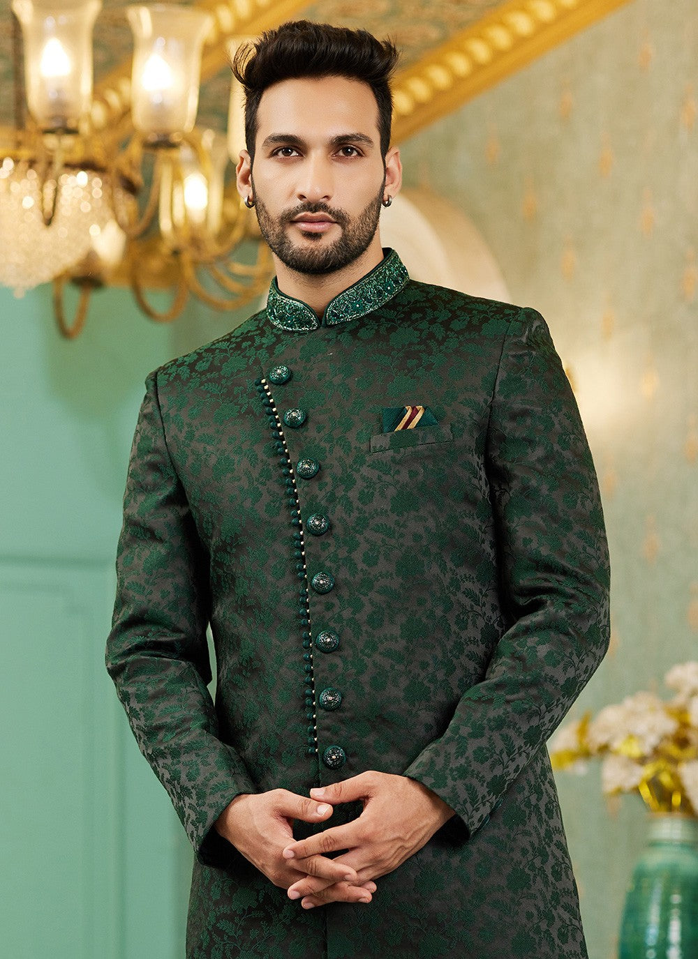 Hand Embroidery Imported, Jacquard Silk Green Indo Western - M6443