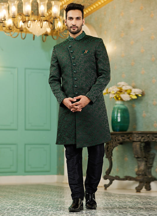 Hand Embroidery Imported, Jacquard Silk Green Indo Western - M6443