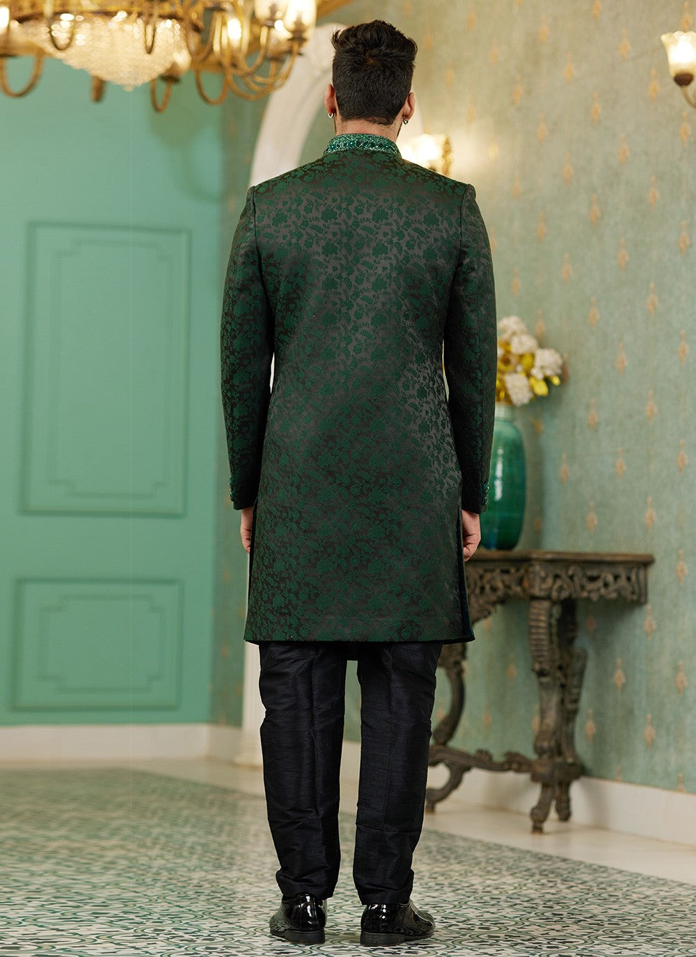 Hand Embroidery Imported, Jacquard Silk Green Indo Western - M6443