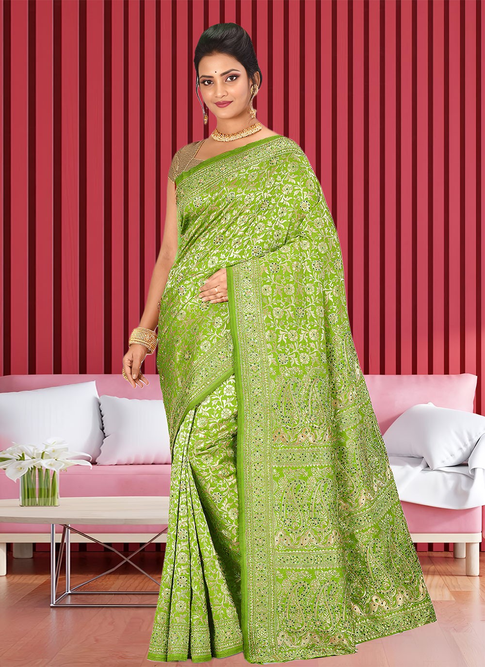 Hand Embroidery Kanjivaram Silk Green Saree S13767