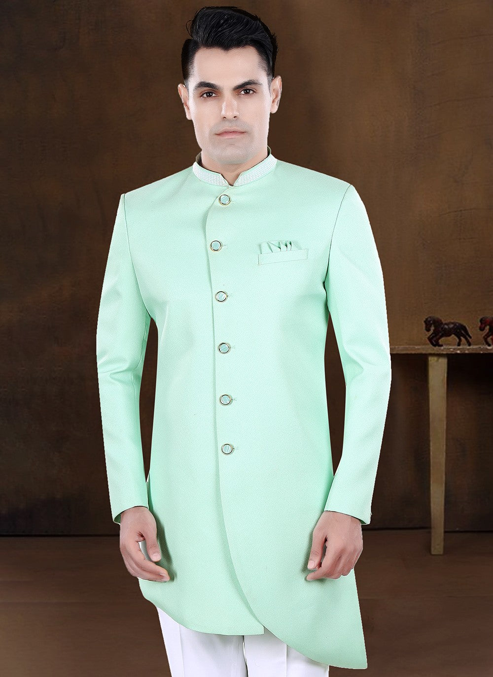 Embroidered Imported Green Indo Western - M8199