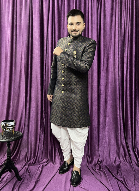 Fancy Work Jacquard Green Indo Western - M5711