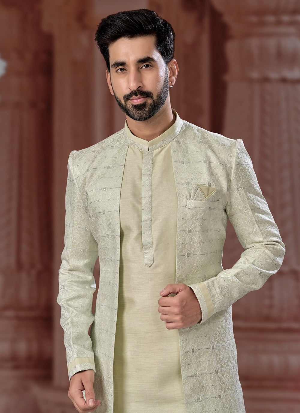 Resham Thread Work Dupion Silk, Jacquard Green Indo Western Sherwani - M6903