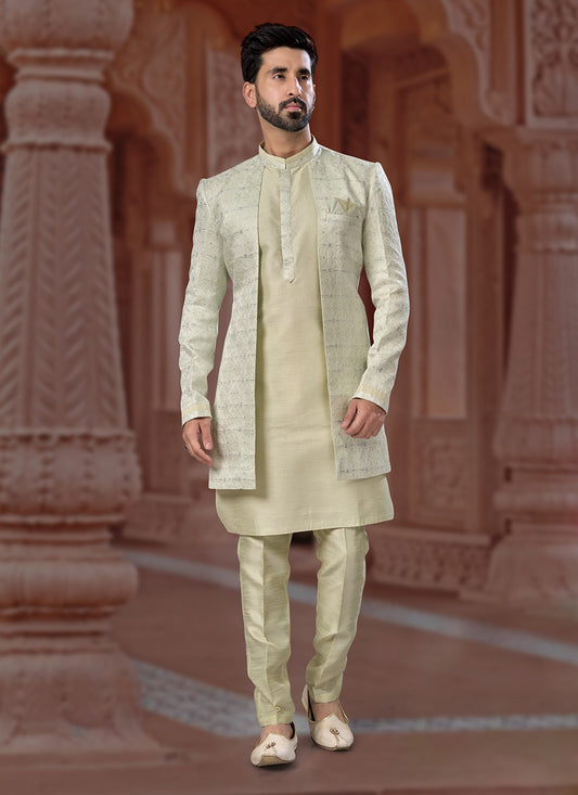Resham Thread Work Dupion Silk, Jacquard Green Indo Western Sherwani - M6903