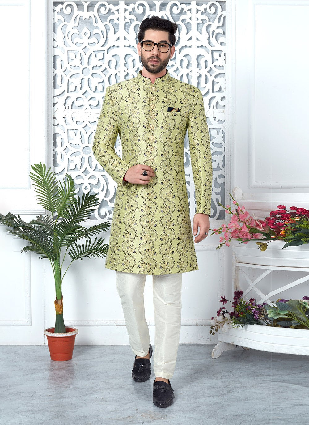 Fancy Work Jacquard Silk Green Indo Western - M6629