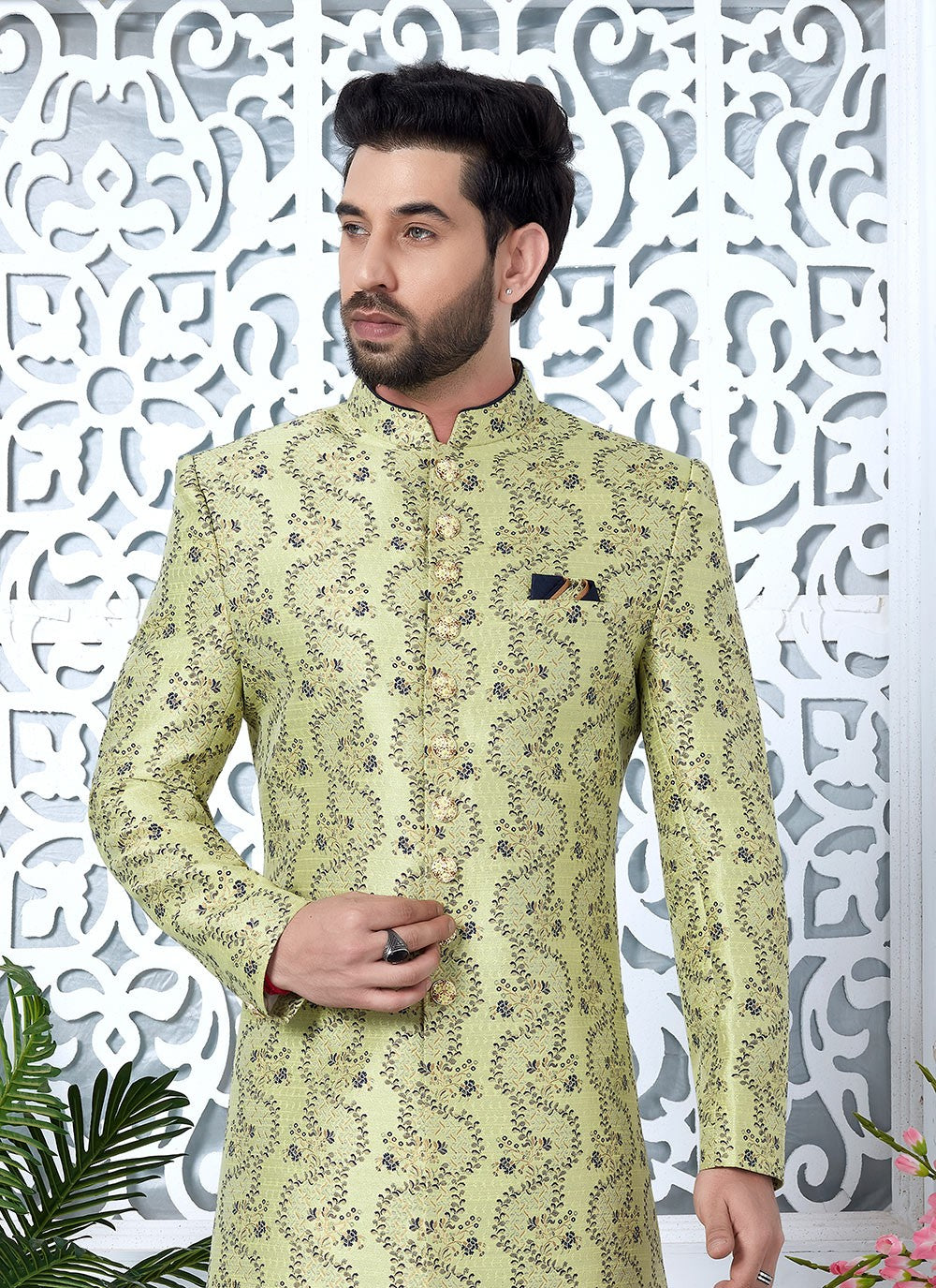 Fancy Work Jacquard Silk Green Indo Western - M6629
