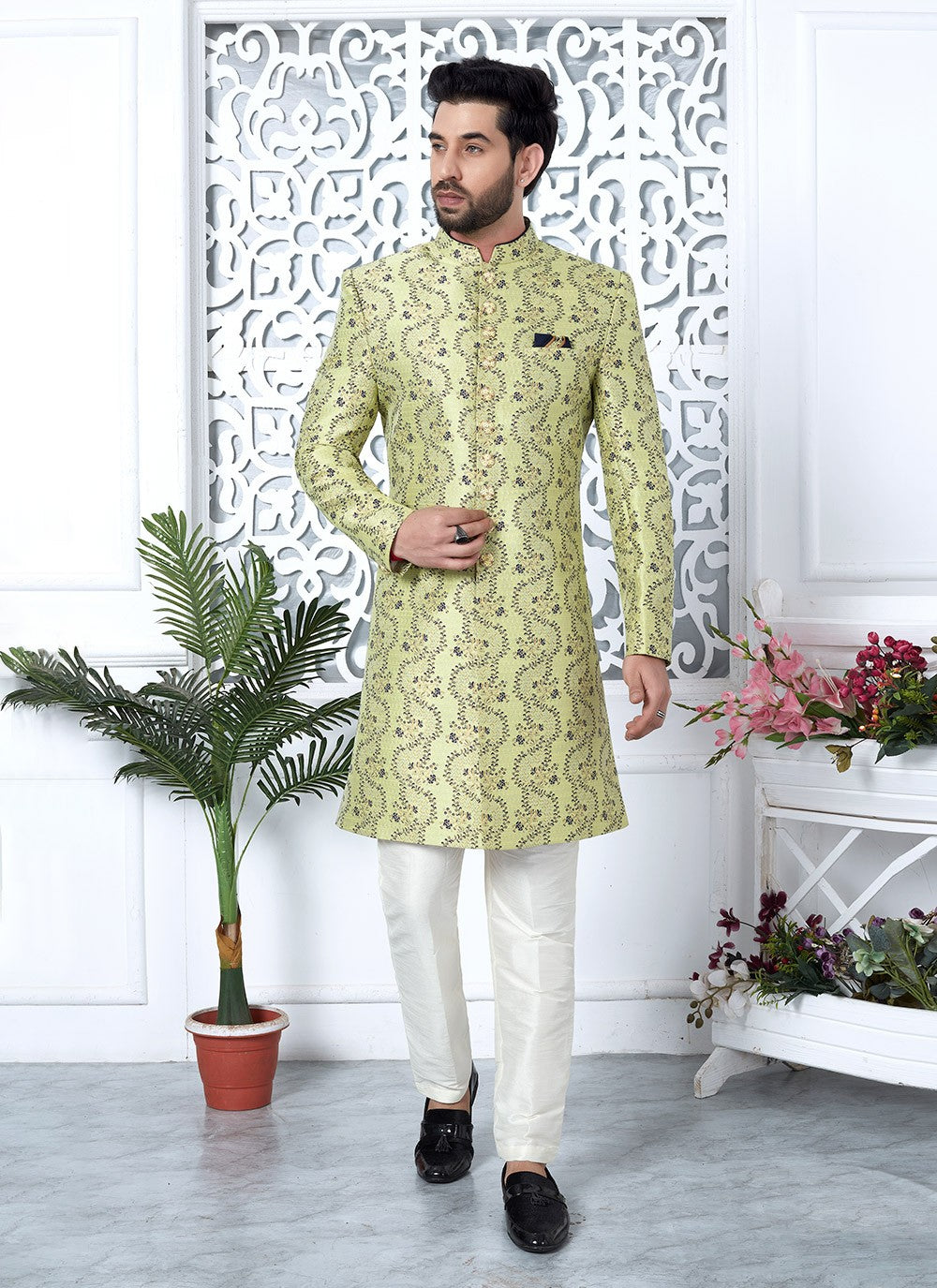 Fancy Work Jacquard Silk Green Indo Western - M6629