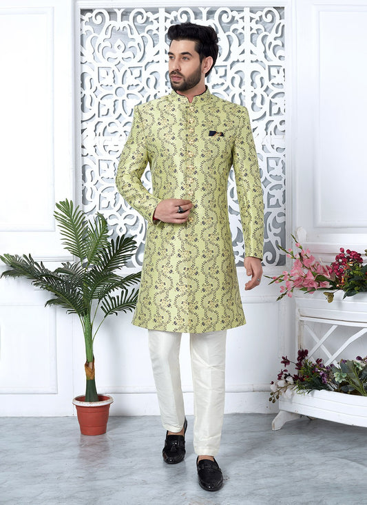 Fancy Work Jacquard Silk Green Indo Western - M6629
