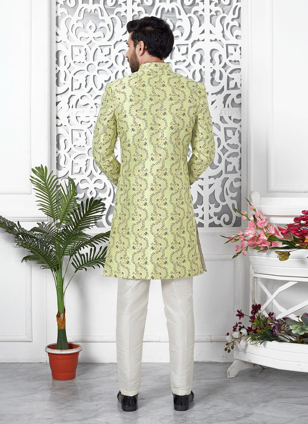 Fancy Work Jacquard Silk Green Indo Western - M6629