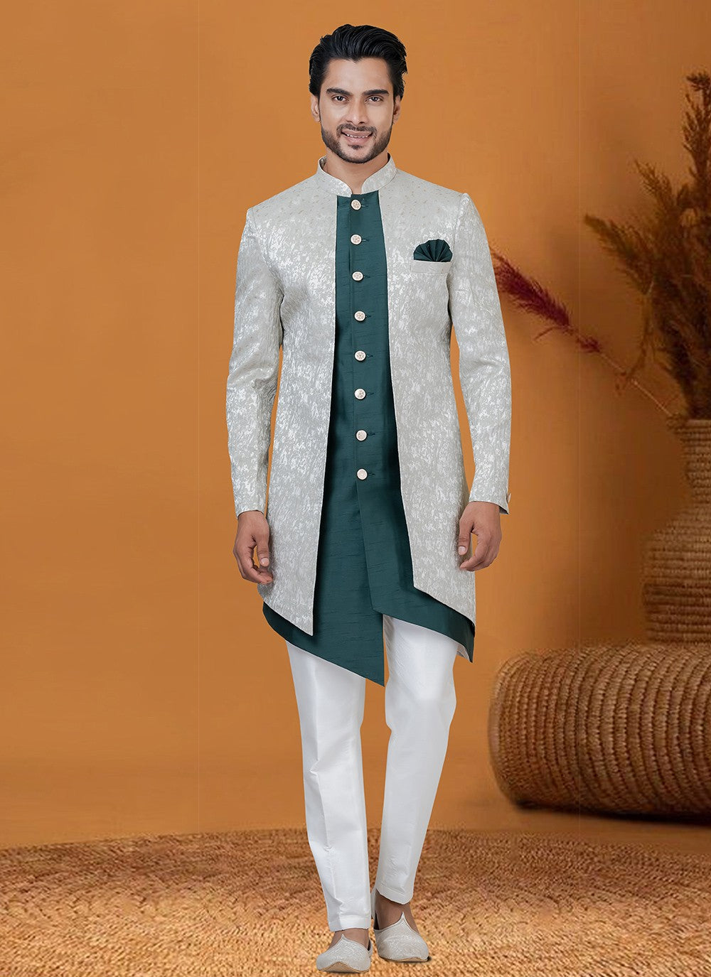 Jacquard Work Jacquard Silk Green Indo Western - M8413