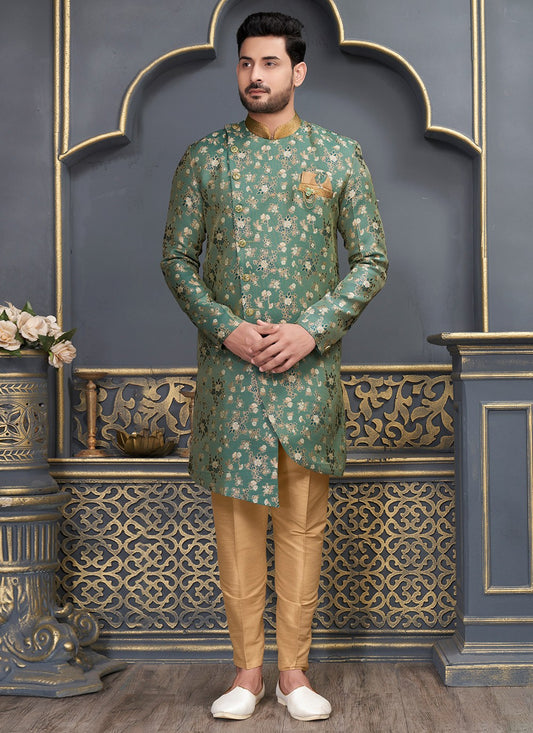 Fancy Work Brocade, Jacquard Silk Green Indo Western - M6463