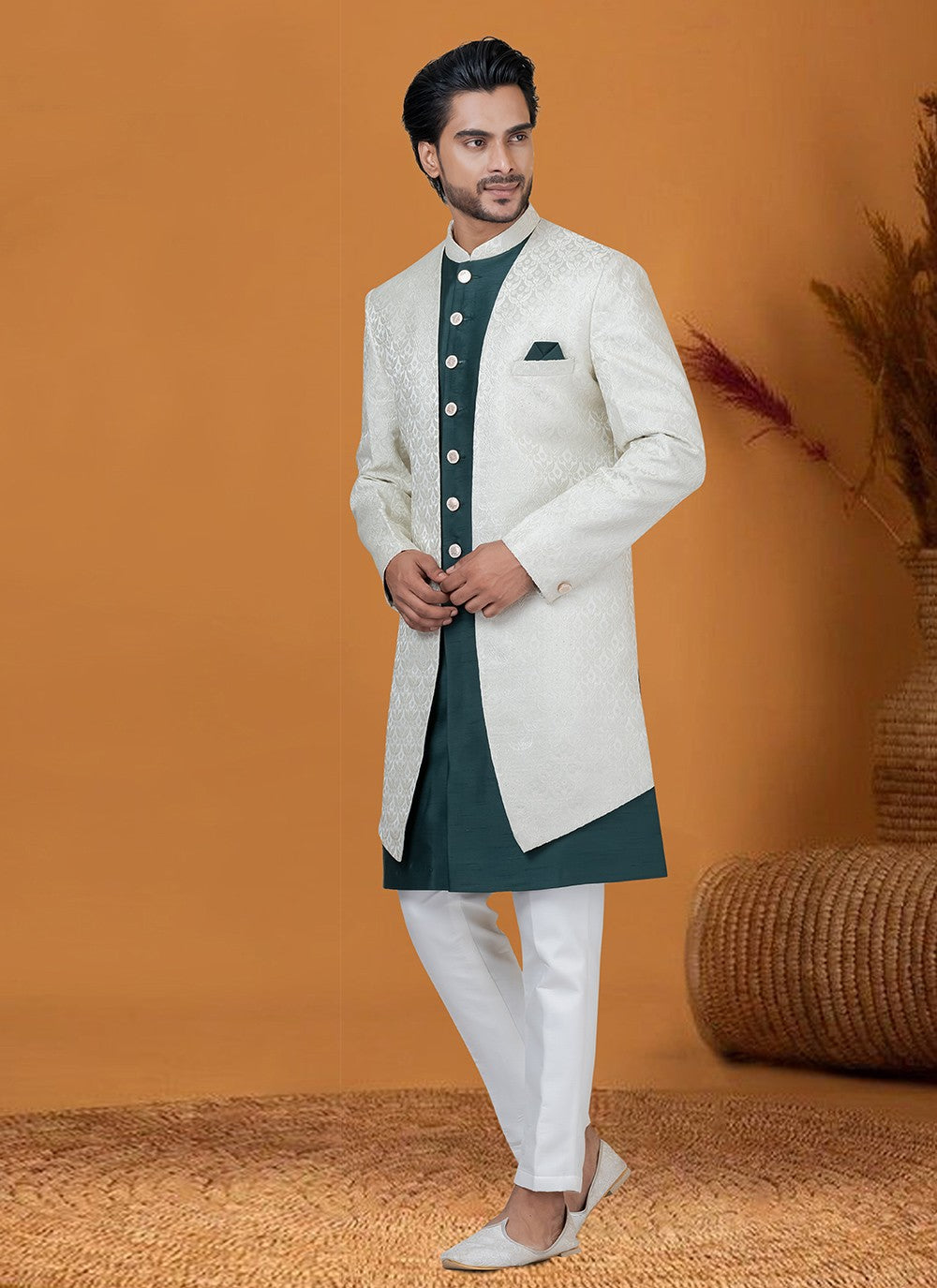 Jacquard Work Jacquard Silk Green Indo Western - M8410