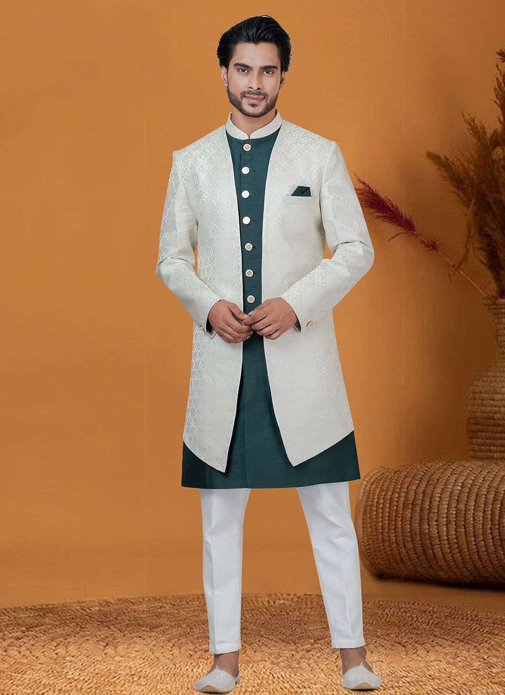 Jacquard Work Jacquard Silk Green Indo Western - M8410