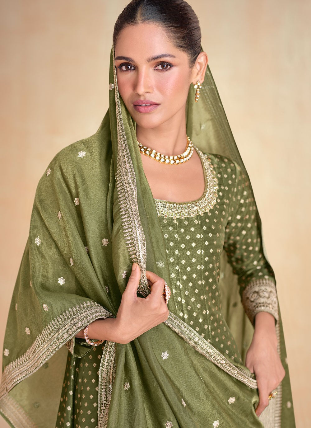 Embroidered Jacquard Silk Green Gown G1959