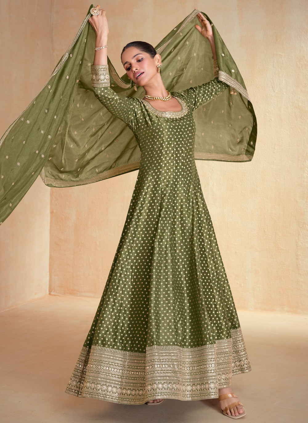 Embroidered Jacquard Silk Green Gown G1959