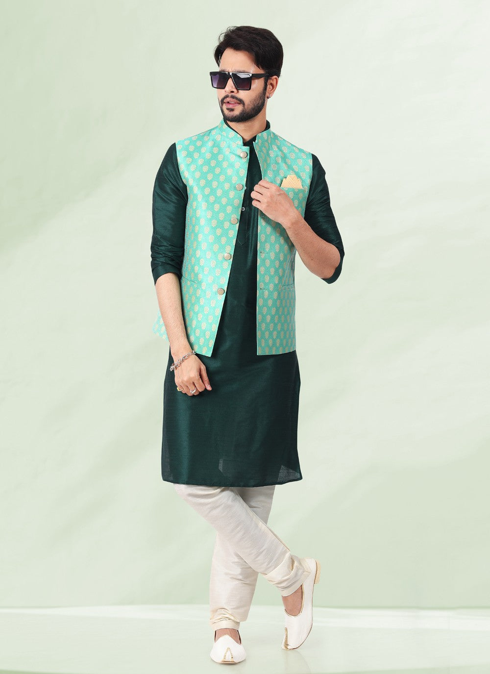 Jacquard Work Banarasi Silk, Jacquard Green Kurta Payjama With Jacket - M4873