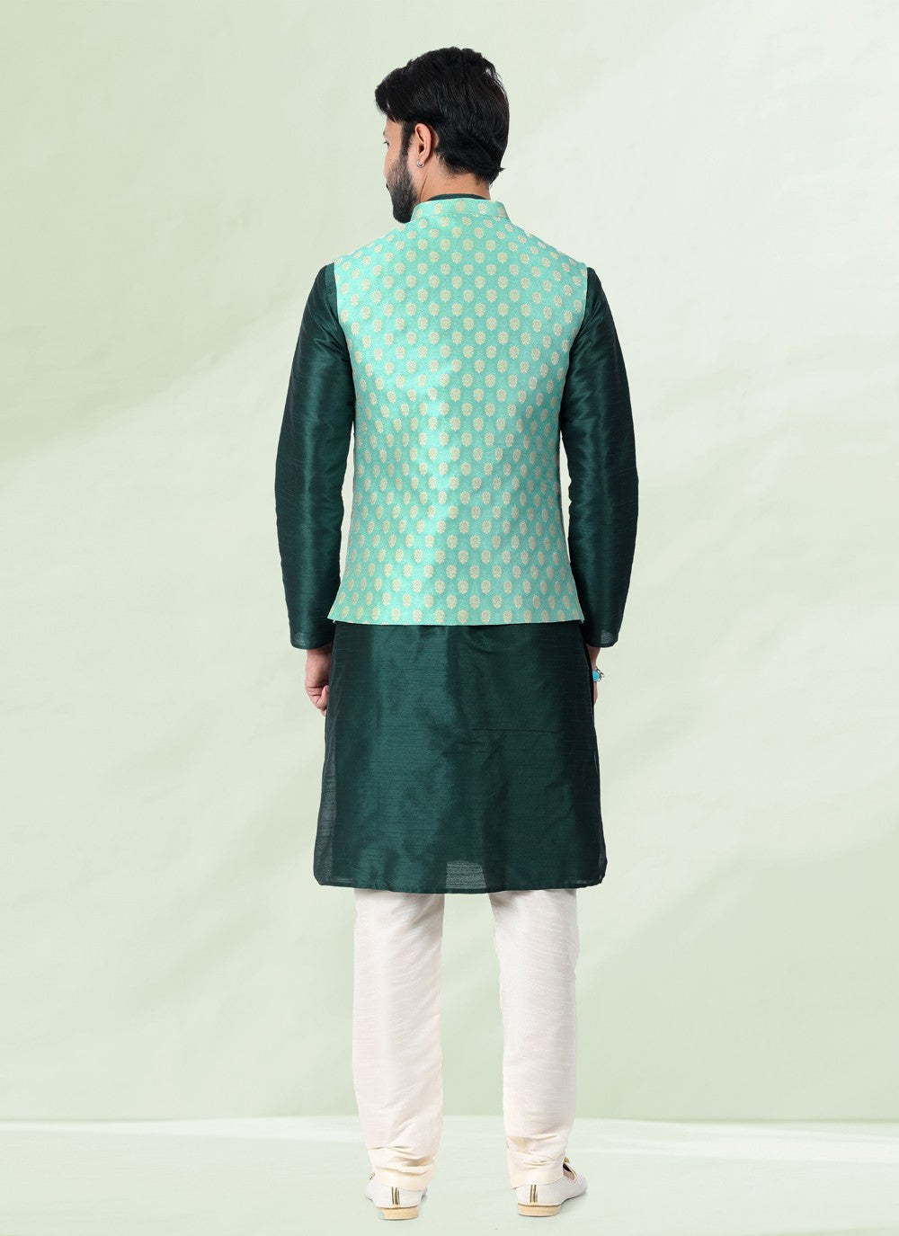 Jacquard Work Banarasi Silk, Jacquard Green Kurta Payjama With Jacket - M4873