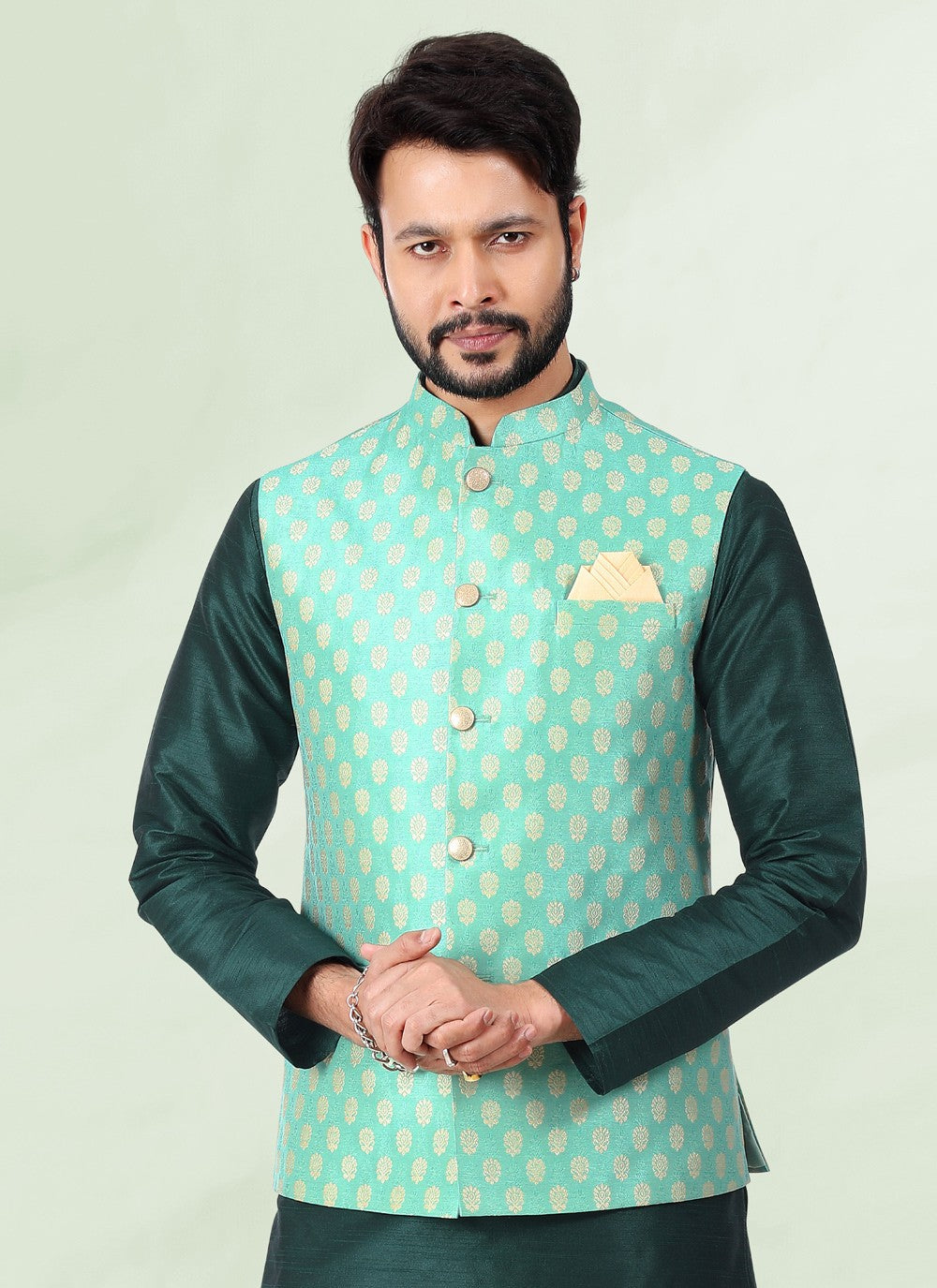 Jacquard Work Banarasi Silk, Jacquard Green Kurta Payjama With Jacket - M4873