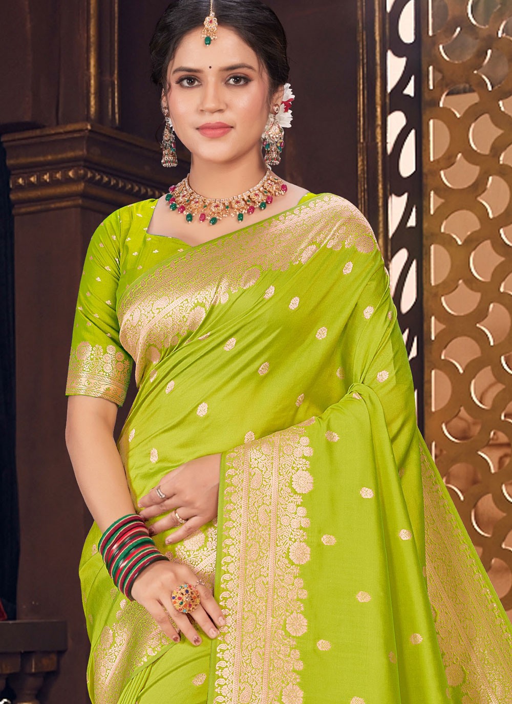Traditional Jacquard Work Green Silk S12882