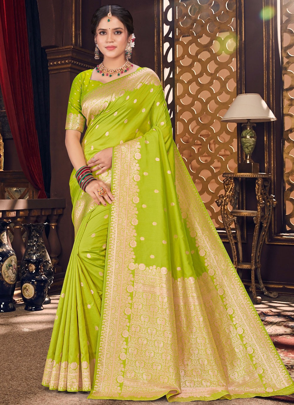 Traditional Jacquard Work Green Silk S12882