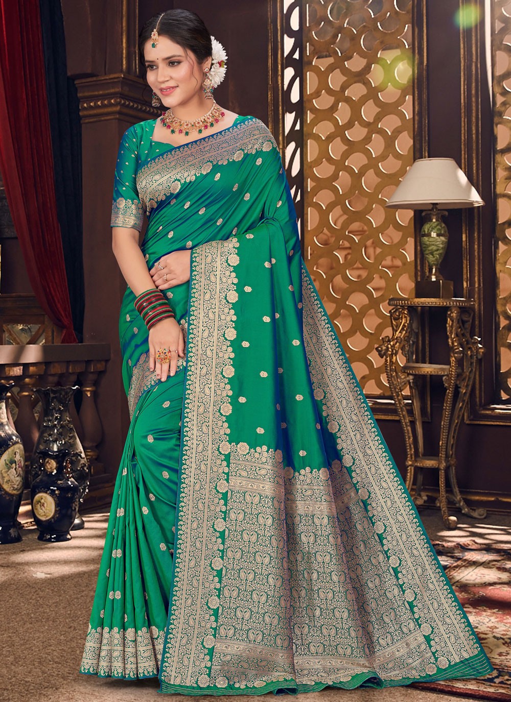 Classic Saree Jacquard Work Green Silk Saree S12884