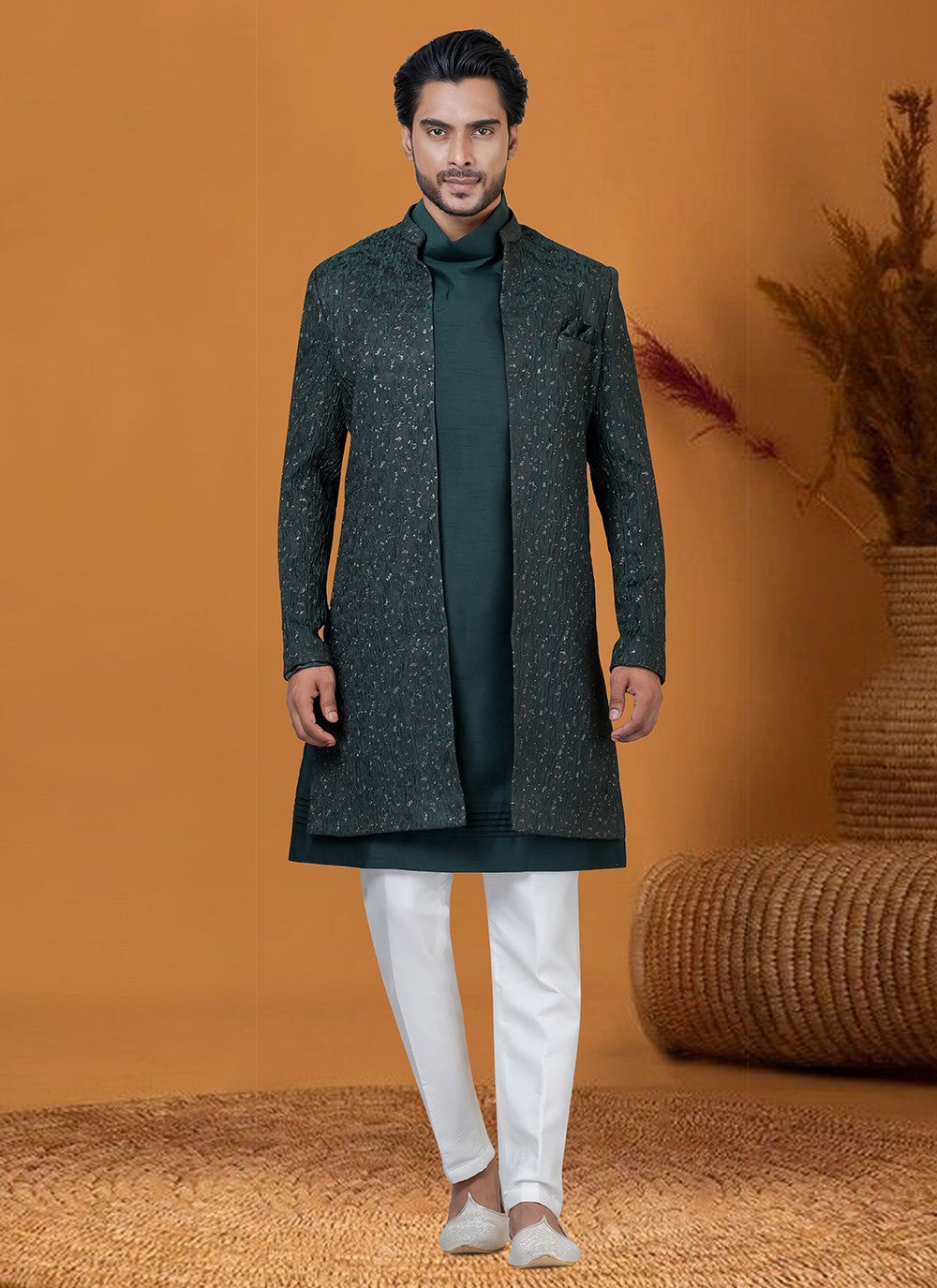 Jacquard Work Jacquard Silk Green Indo Western - M8412