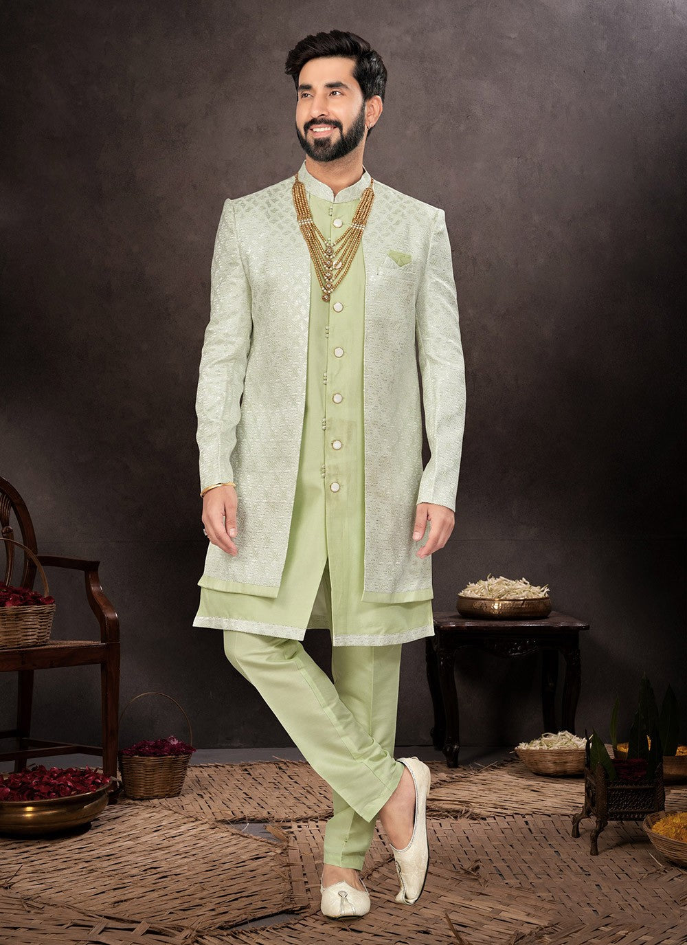 Jacquard Work Jacquard Green Indo Western - M7229