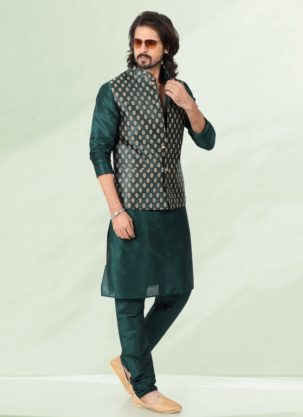 Jacquard Work Banarasi Silk, Jacquard Green Kurta Payjama With Jacket - M4877