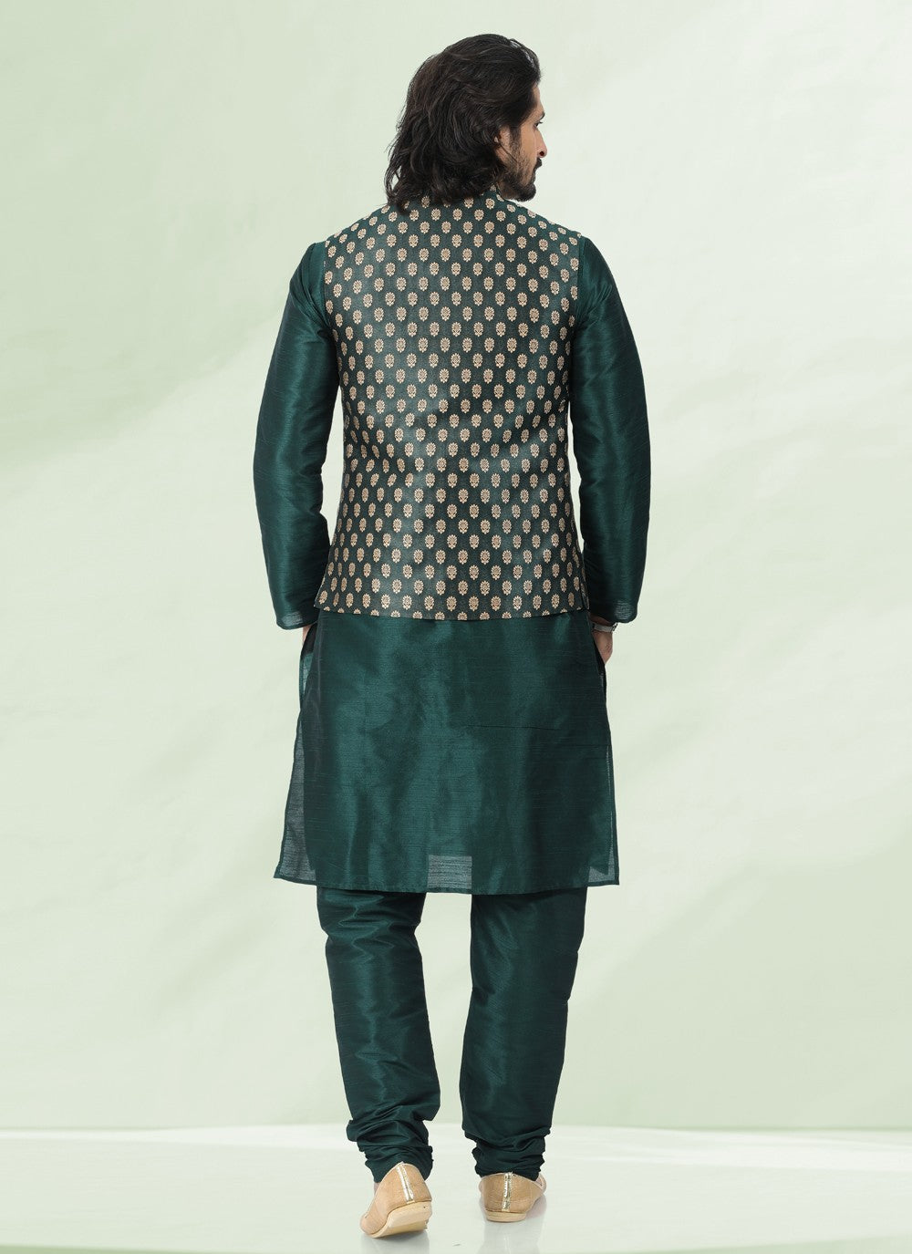 Jacquard Work Banarasi Silk, Jacquard Green Kurta Payjama With Jacket - M4877