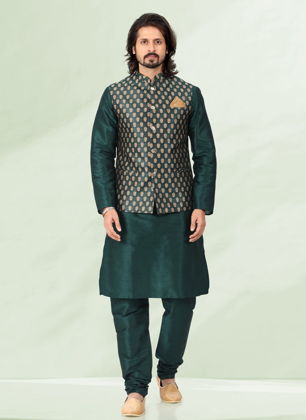 Jacquard Work Banarasi Silk, Jacquard Green Kurta Payjama With Jacket - M4877