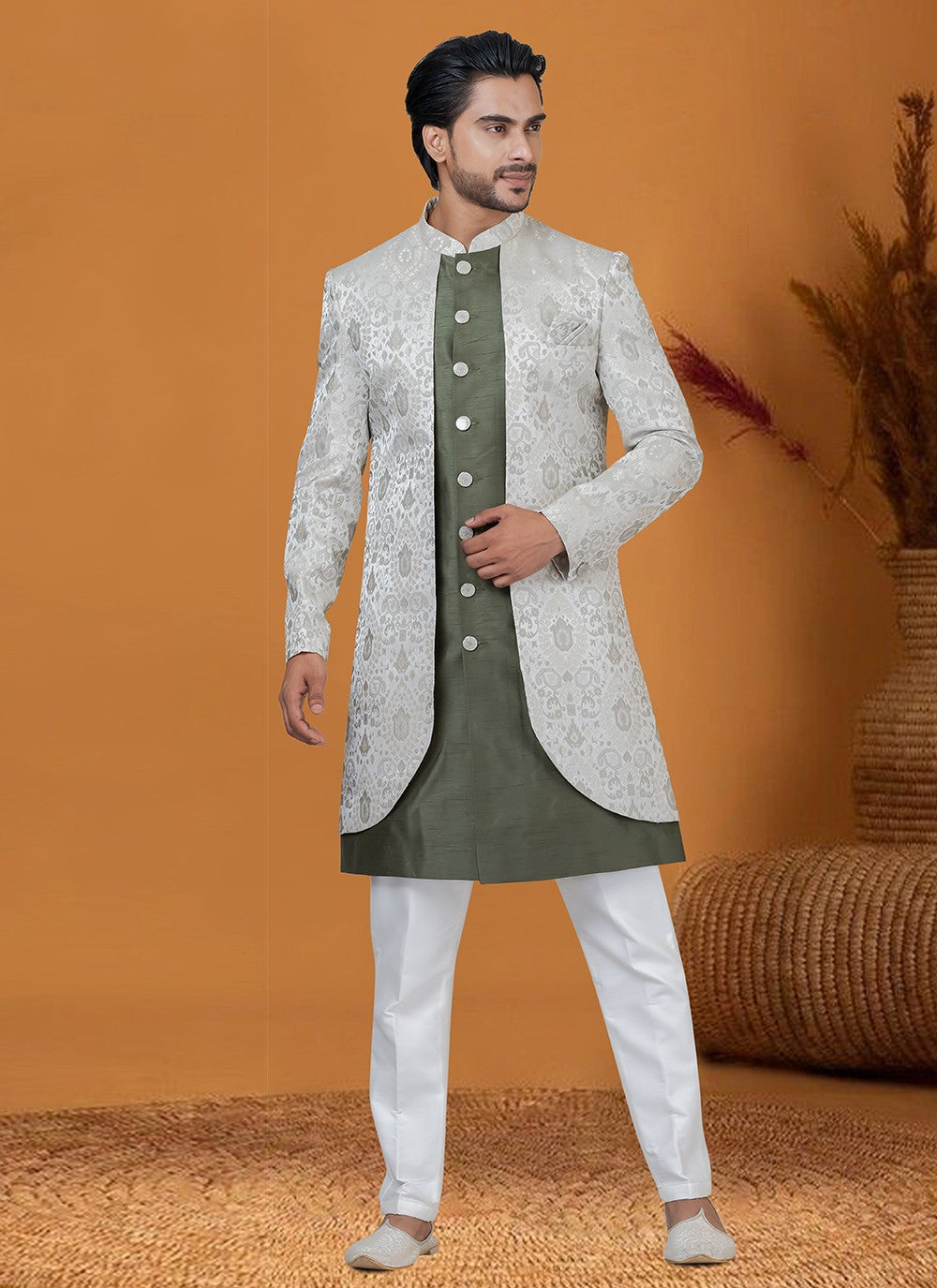 Jacquard Work Jacquard Silk Green Indo Western - M8374