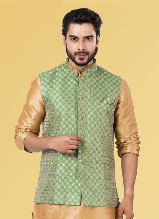 Jacquard Work Silk Green Nehru Jackets - M7442