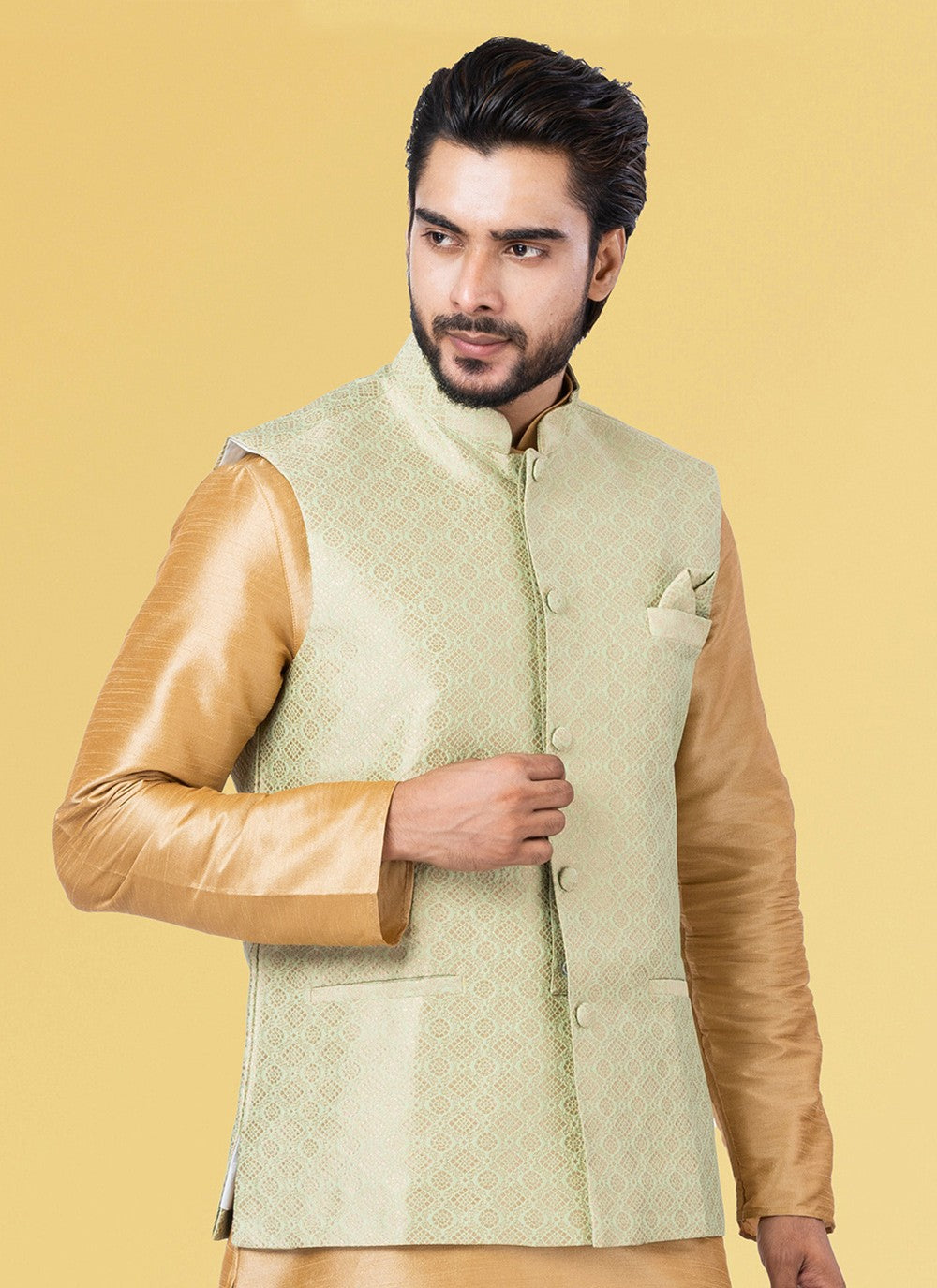 Jacquard Work Silk Green Nehru Jackets - M7444