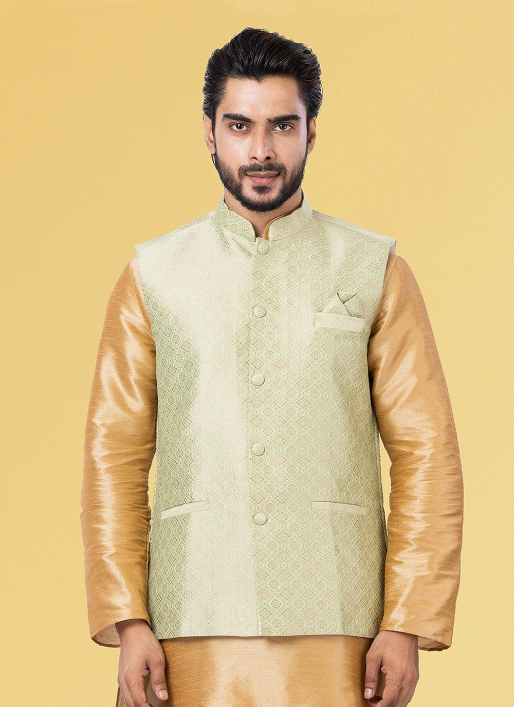 Jacquard Work Silk Green Nehru Jackets - M7444