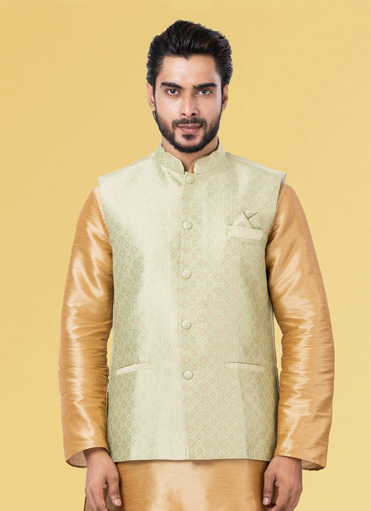 Jacquard Work Silk Green Nehru Jackets - M7444