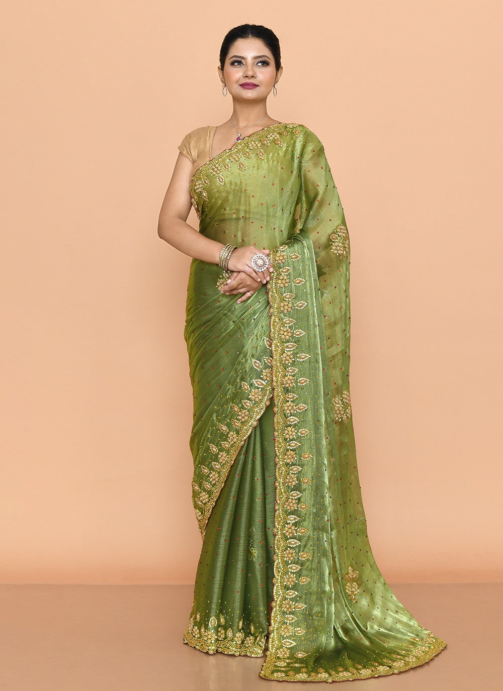 Classic Saree Hand Embroidery Green Jimmy Chu Saree S13148