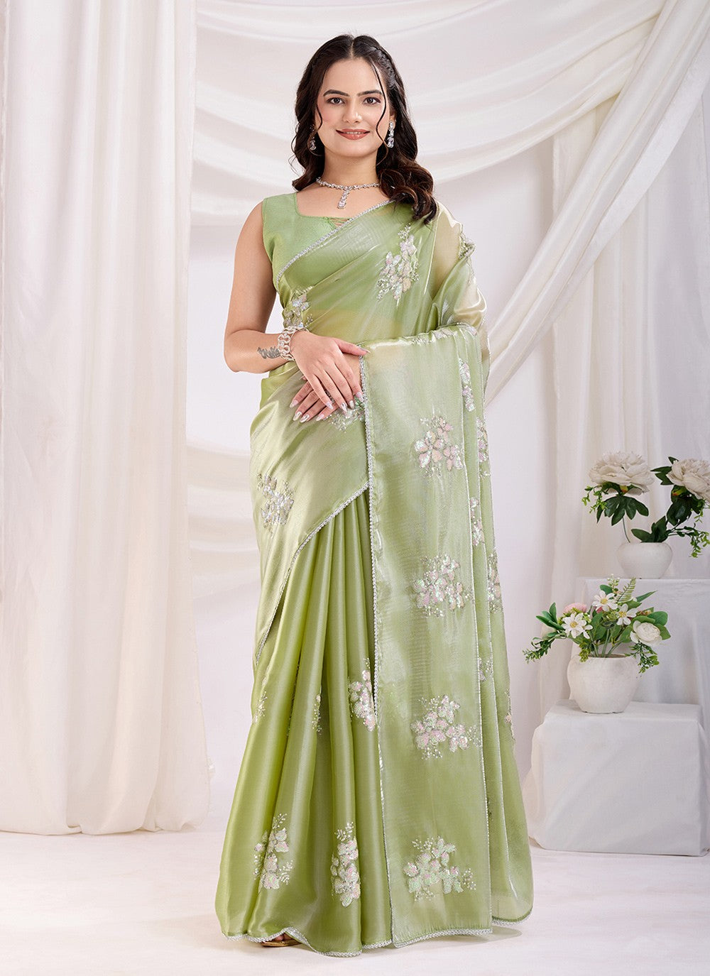 Embroidered Jimmy Chu Green Saree S13860