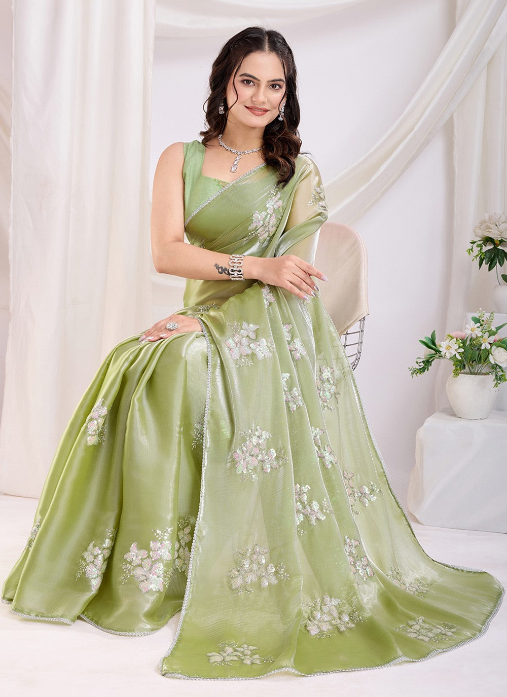 Embroidered Jimmy Chu Green Saree S14096